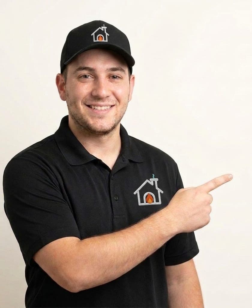 Smiling Jersey Chimney Pros technician pointing to the steps of a chimney inspection booking