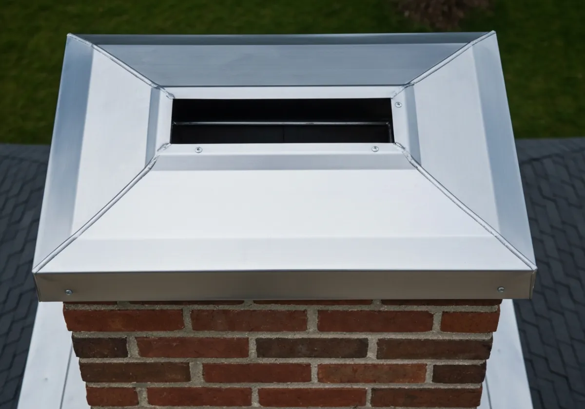 After — chimney cap installation: An open, unprotected flue fitted with a stainless cap to keep out rain and animals.