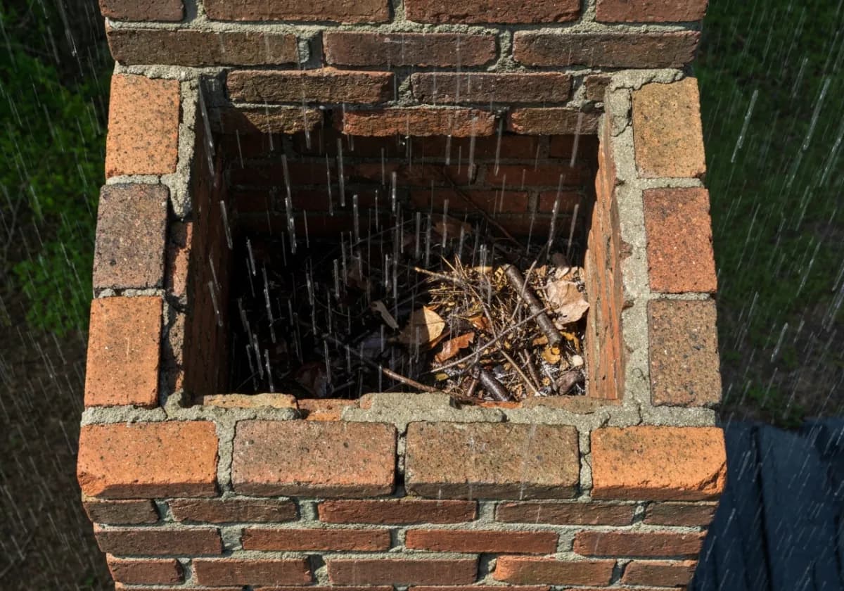 Before — chimney cap installation: An open, unprotected flue fitted with a stainless cap to keep out rain and animals.