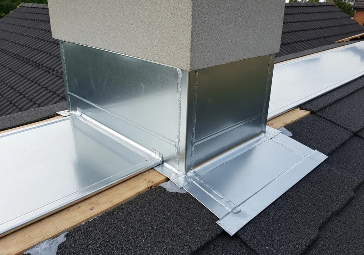 After — chimney flashing repair: Rusted, leaking flashing replaced and sealed where the chimney meets the roof.
