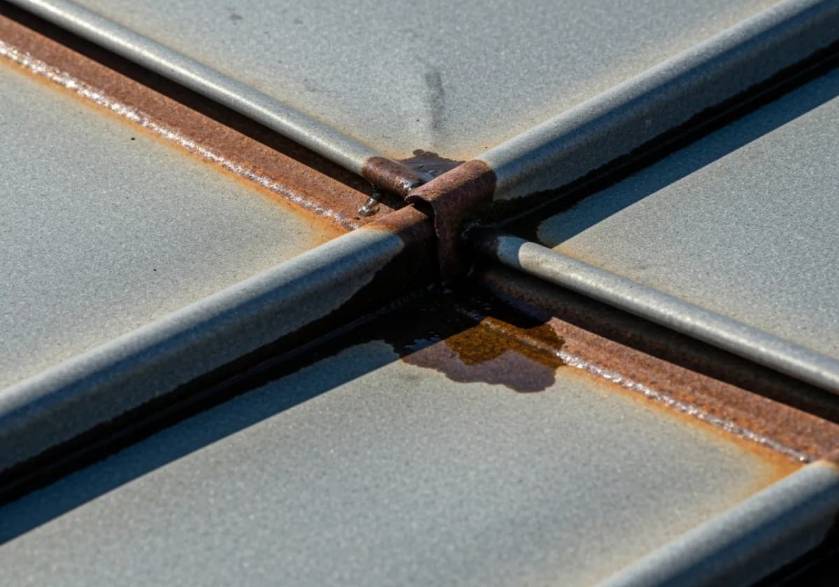 Before — chimney flashing repair: Rusted, leaking flashing replaced and sealed where the chimney meets the roof.
