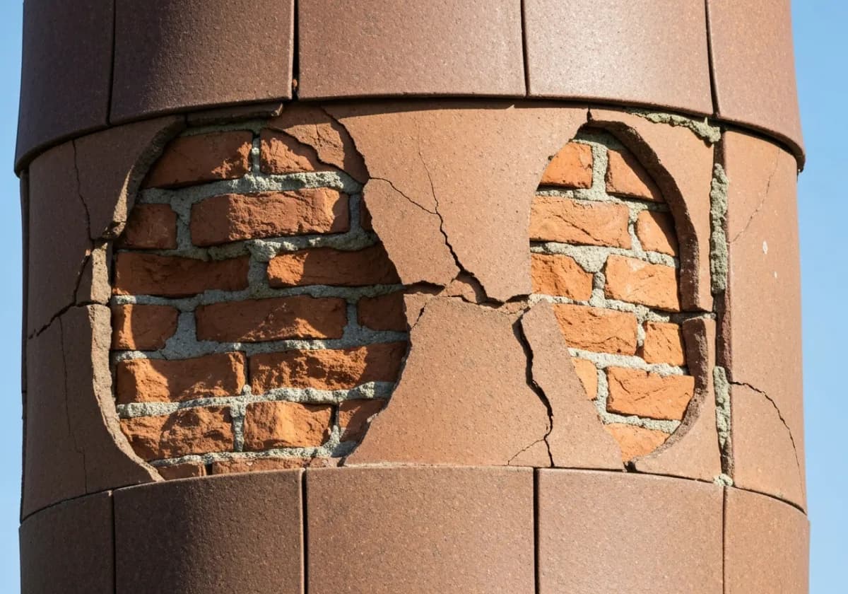 Before — chimney relining: A cracked, deteriorated flue lined with a new code-compliant stainless liner.
