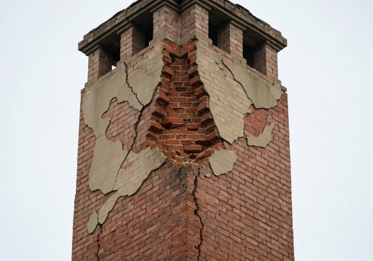 Before — chimney repair: Spalled brick and failing mortar rebuilt into a sound, weather-tight stack.