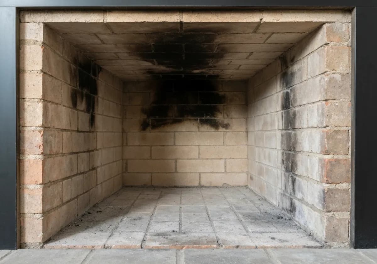 After — chimney sweep: Soot-coated flue and smoke chamber swept back to clean, bare masonry.