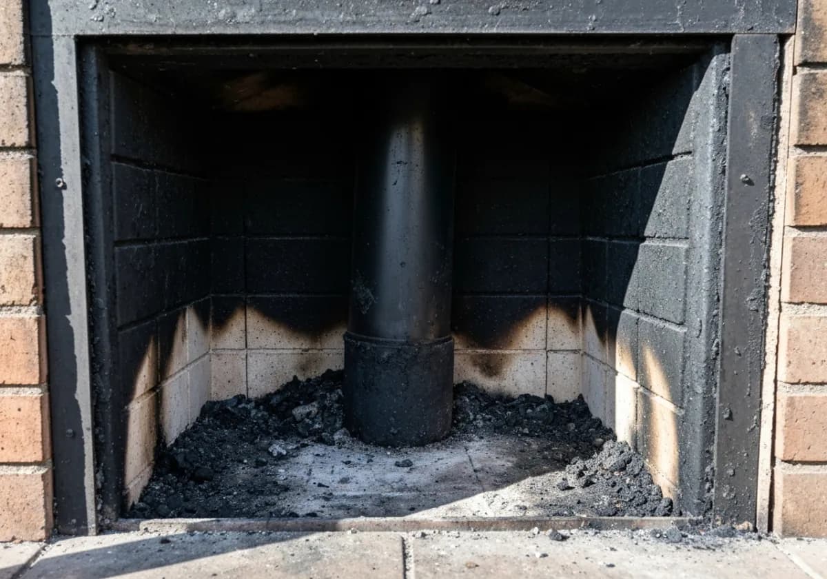 Before — chimney sweep: Soot-coated flue and smoke chamber swept back to clean, bare masonry.