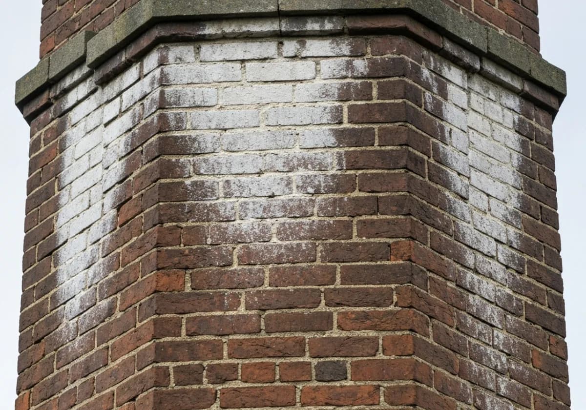 Before — chimney waterproofing: Porous, stained brick sealed with a breathable masonry water repellent.