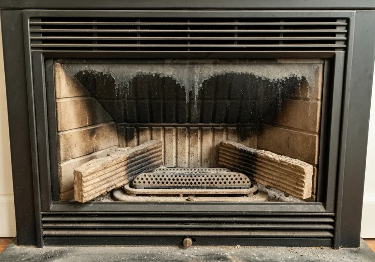 Before — gas fireplace service: A dirty, poorly burning gas fireplace cleaned and tuned to a clean, steady flame.