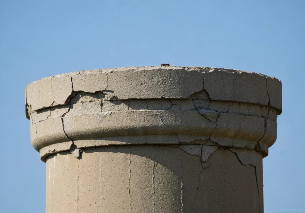 Before — masonry repair (crown / repointing): A cracked crown and eroded joints repointed and recapped to stop water intrusion.