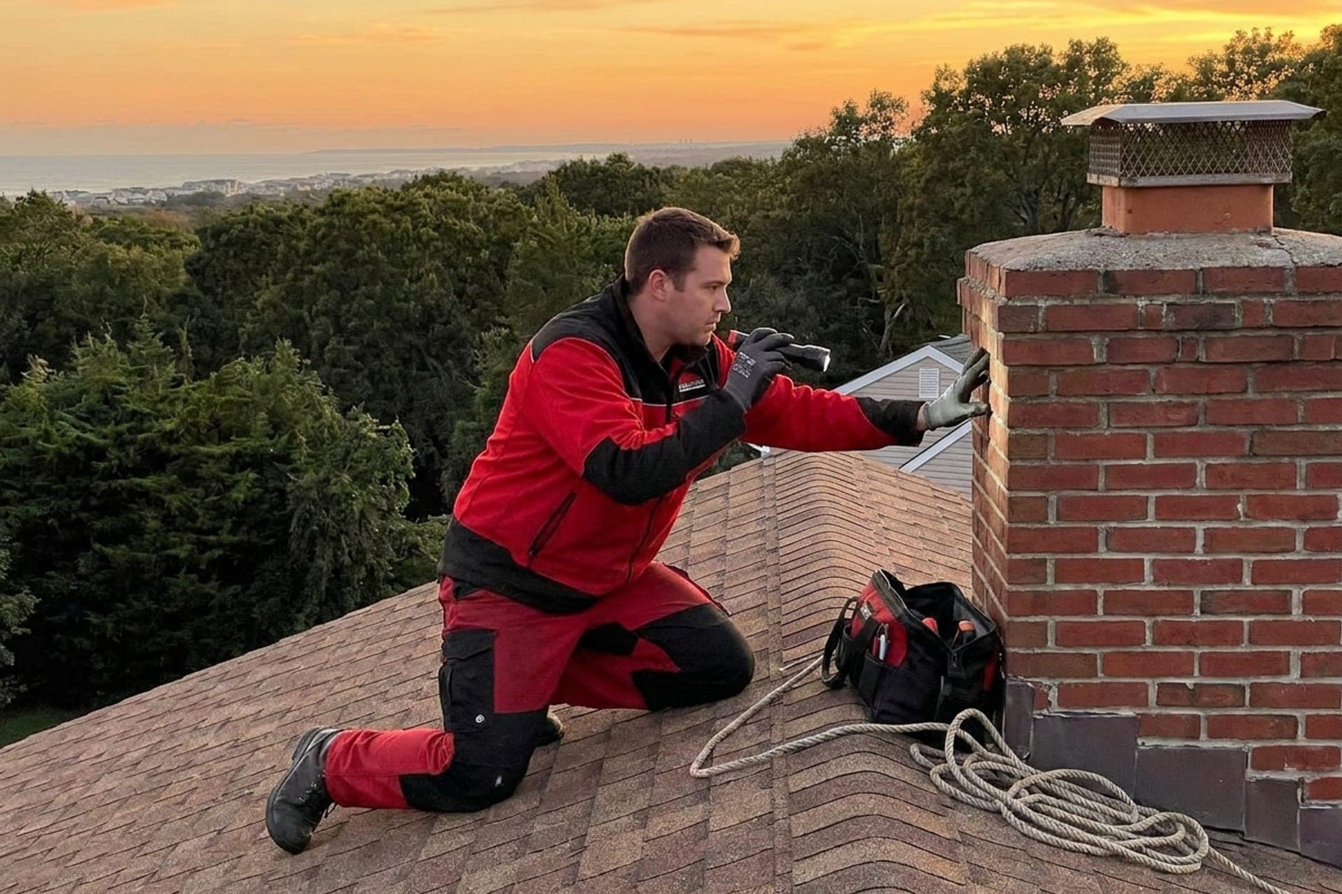 Jersey Chimney Pros technician working on a New Jersey rooftop chimney