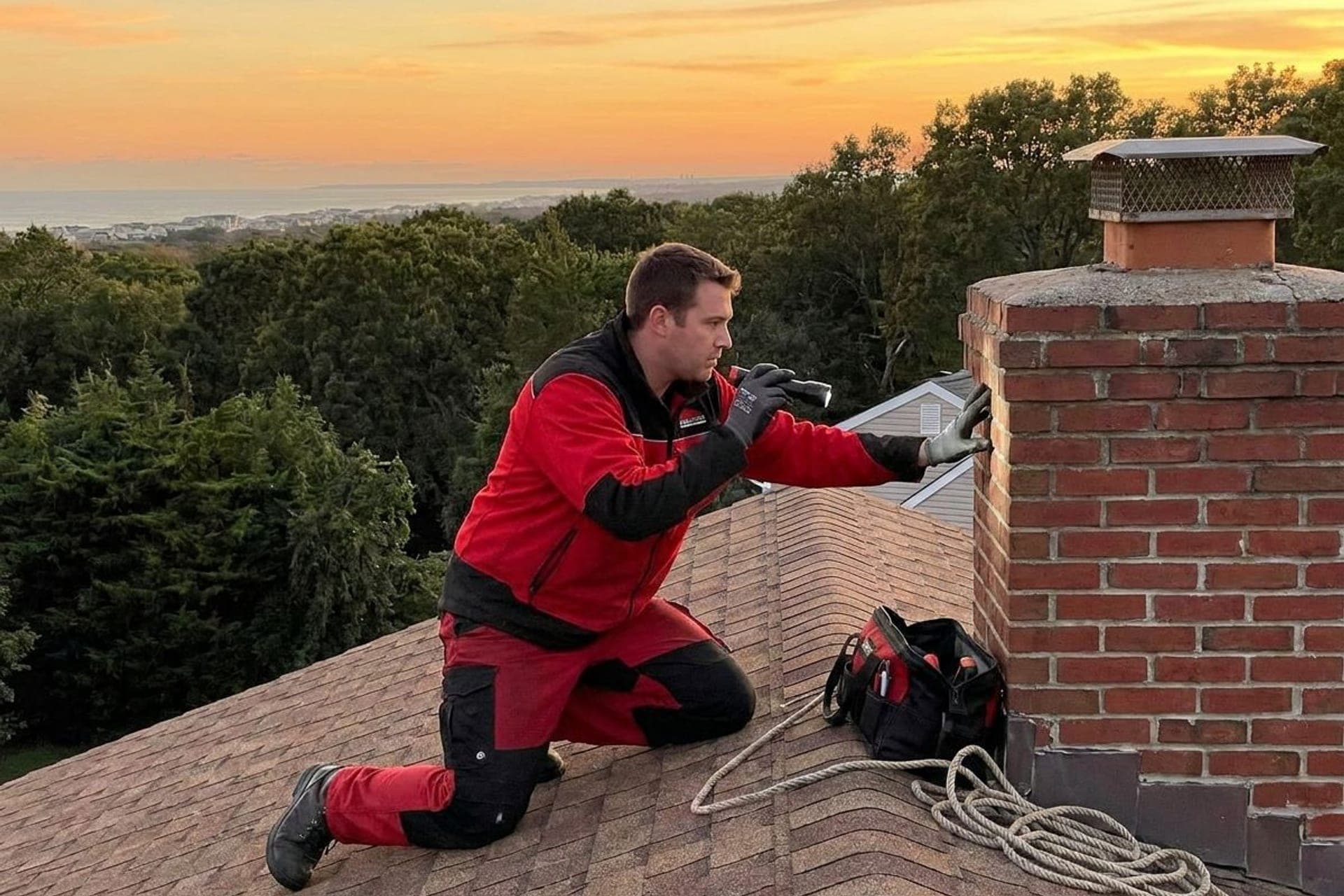 Jersey Chimney Pros technician working on a New Jersey rooftop chimney