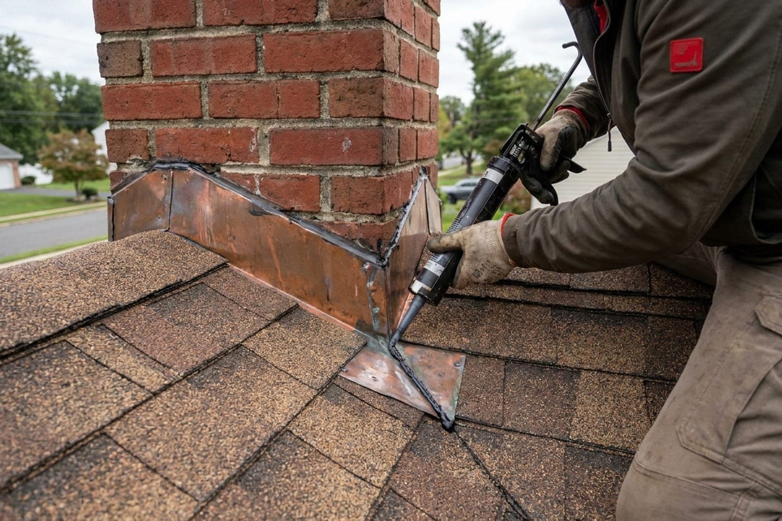 Chimney flashing repair at the roofline