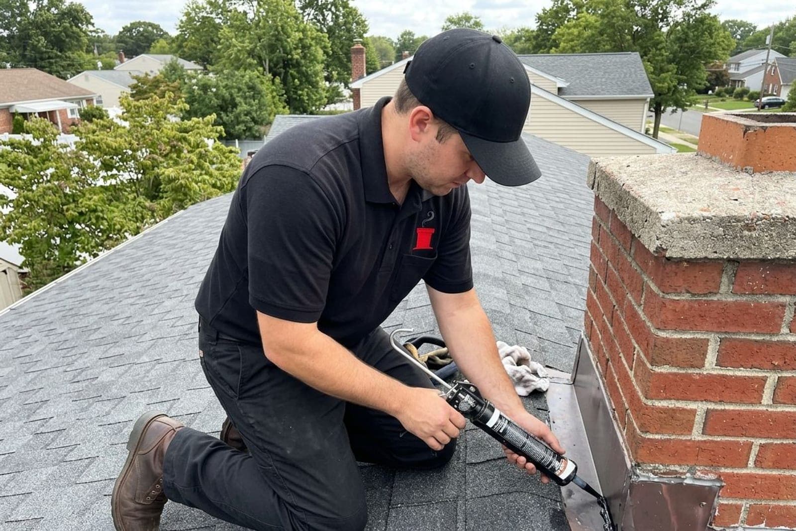 Chimney flashing repair at the roofline