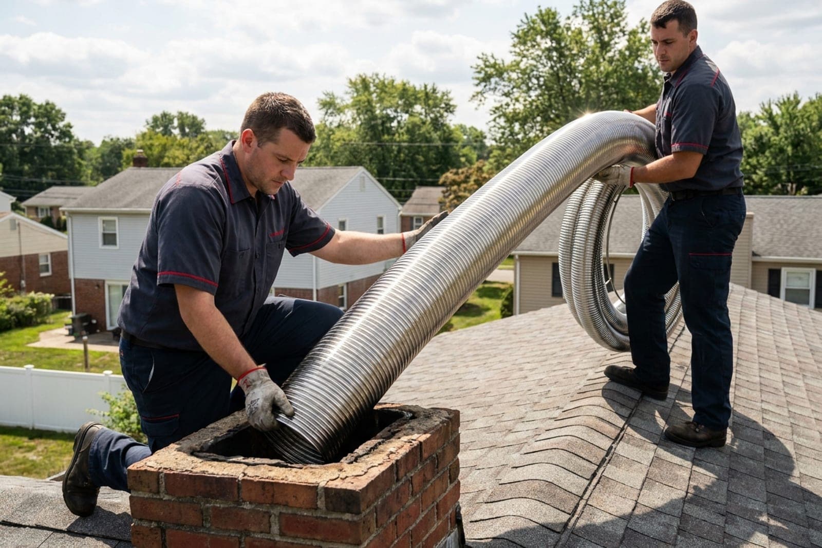 Stainless steel chimney liner being installed