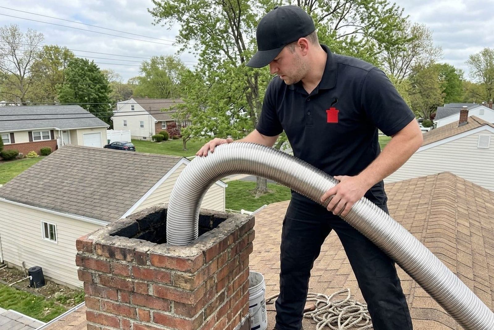 Stainless steel chimney liner being installed