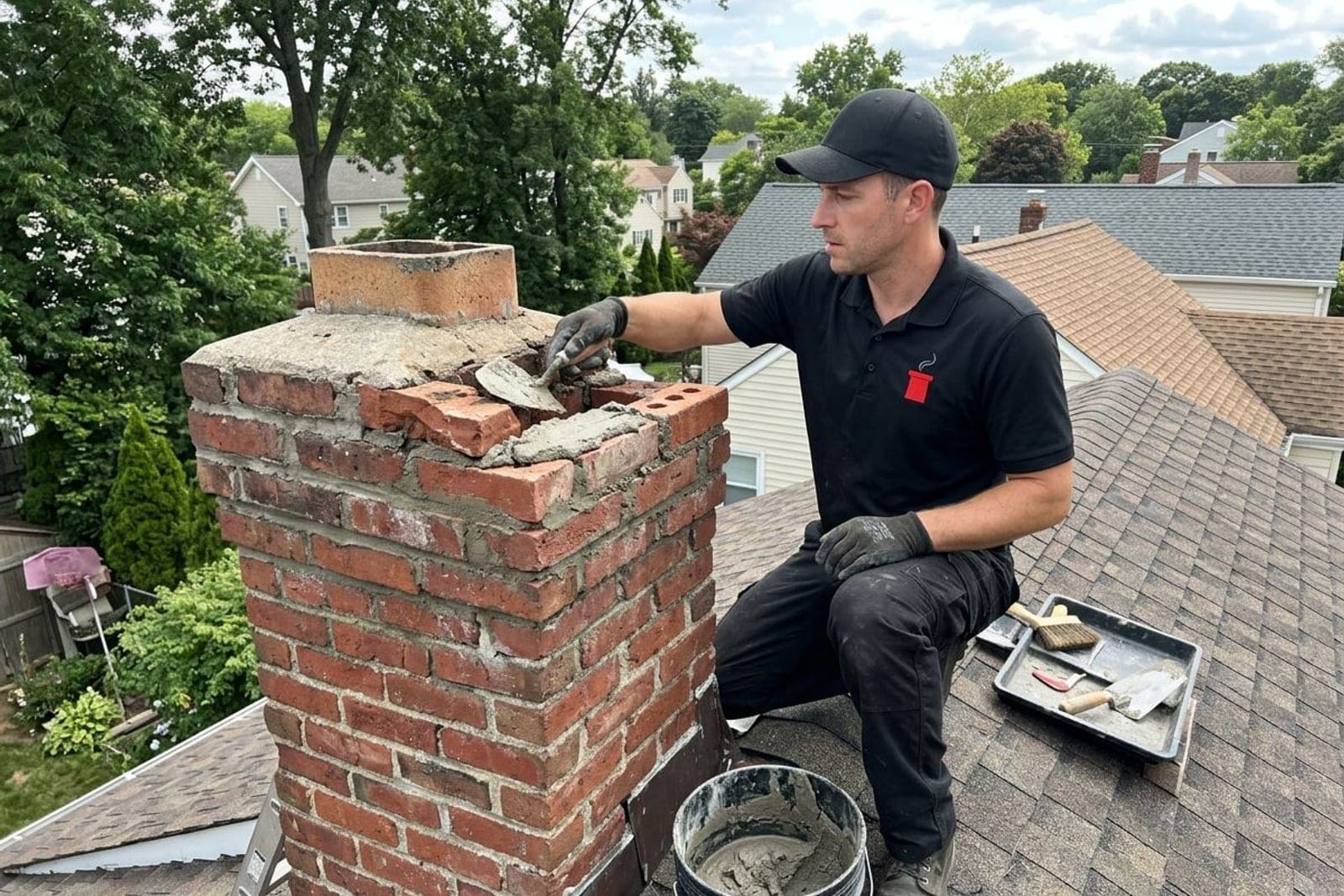 Masonry repair on a brick chimney