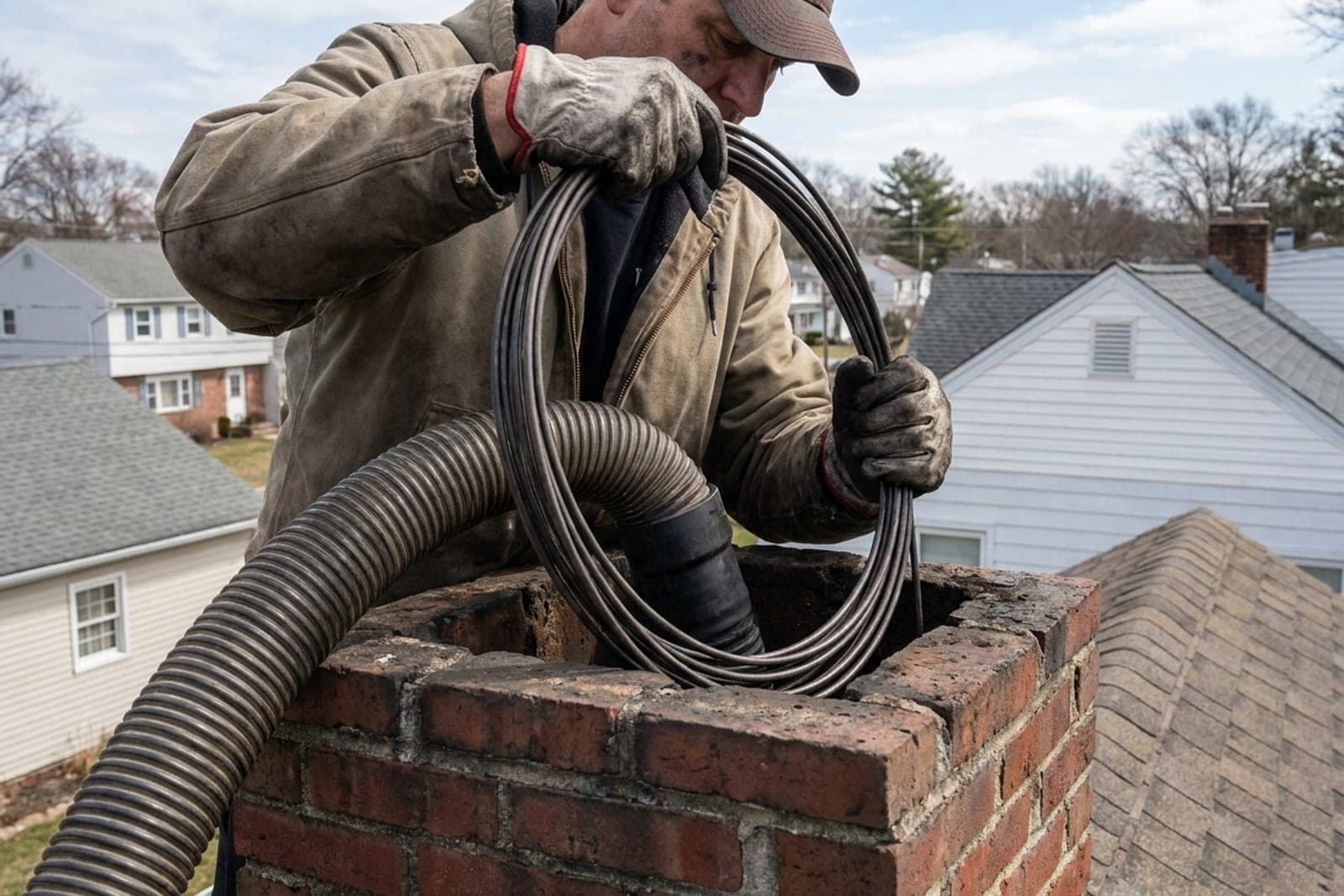 Chimney sweep cleaning a rooftop flue