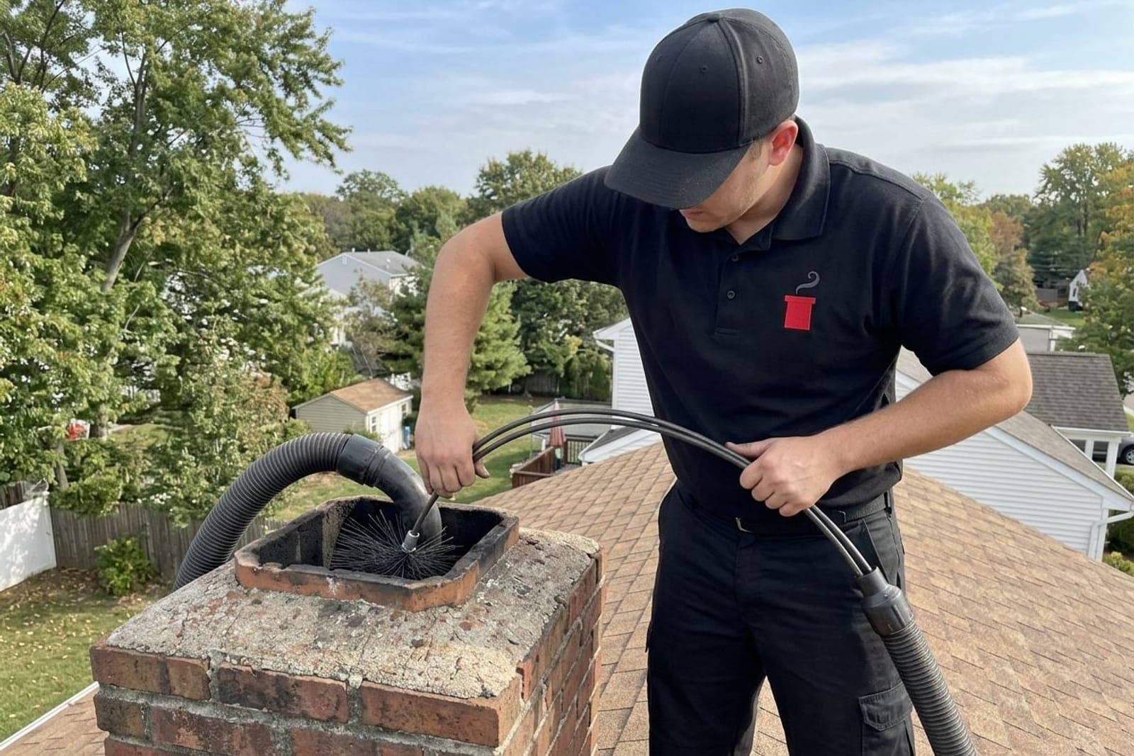 Chimney sweep cleaning a rooftop flue