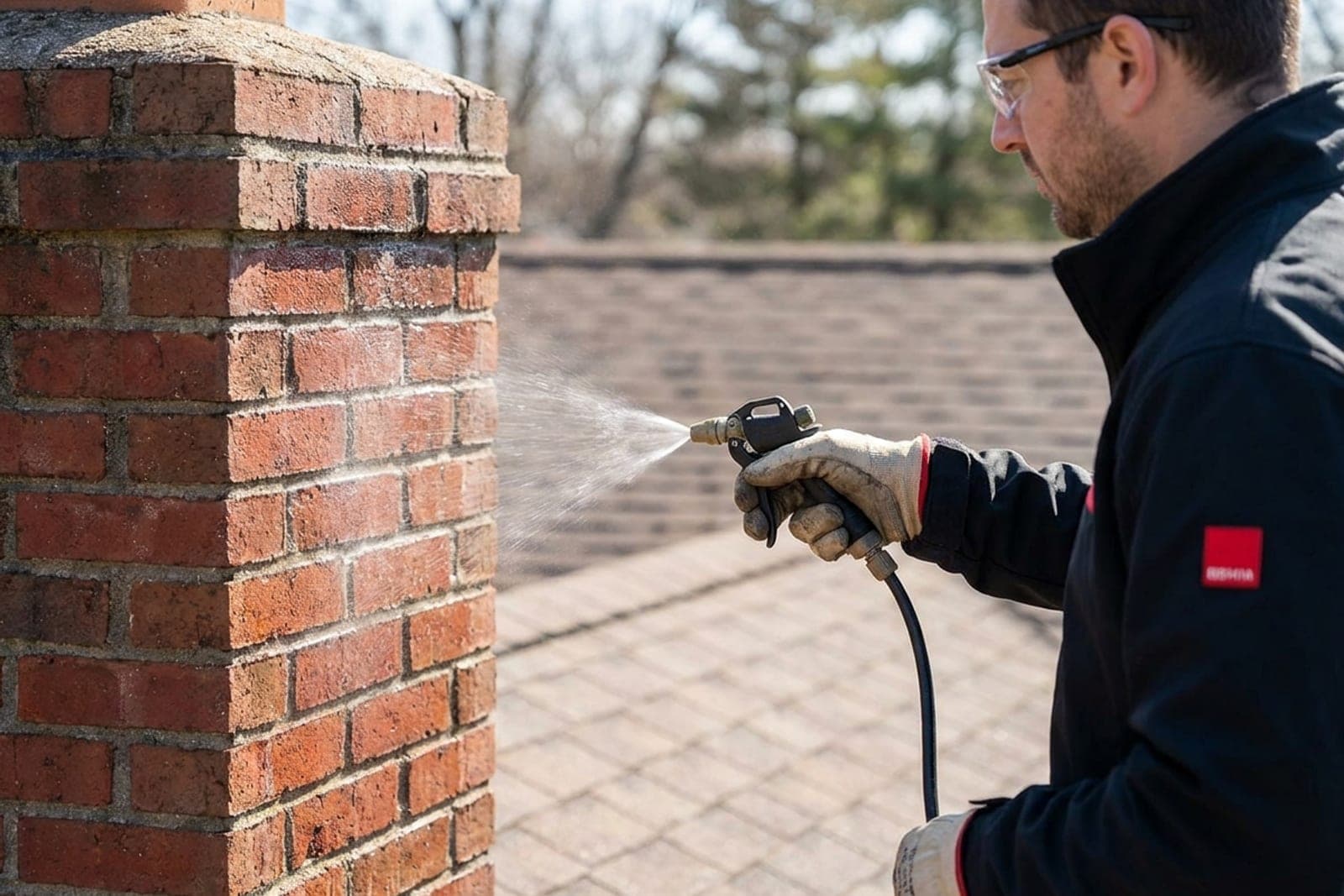 Chimney waterproofing being applied to brickwork